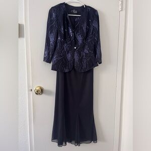 NWT Alex Evenings Navy Sequin 2-piece Tea Length Dress and Jacket Size 8